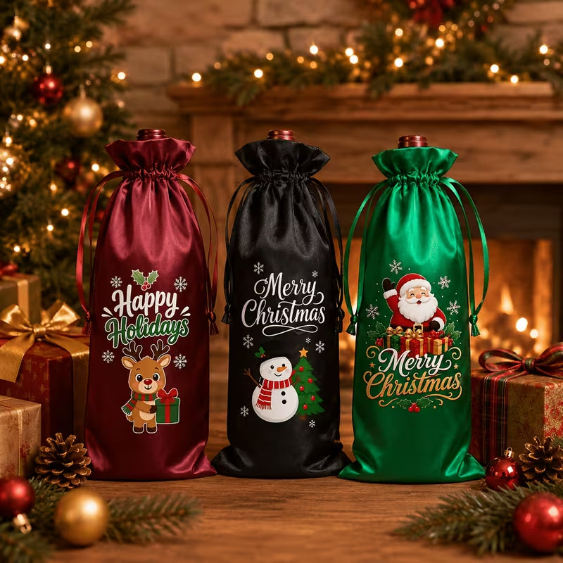 Three Christmas-themed satin drawstring gift bags in burgundy, black, and green, decorated with holiday graphics and text, displayed on a wooden surface in front of a warm fireplace with Christmas decorations.