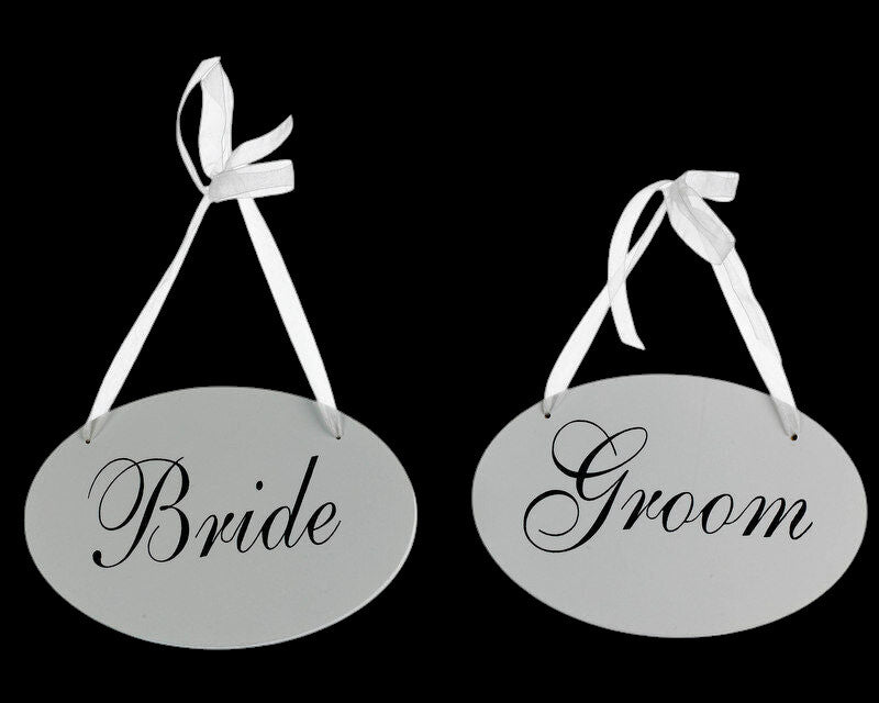 Diletto Gifts oval Bride and Groom hanging signs with white ribbon ties for wedding chair decor