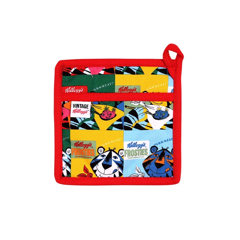 A square red potholder featuring a colorful vintage Kellogg's cereal box collage print on the front, complete with a carrying loop at the top right, shown against a plain white background.