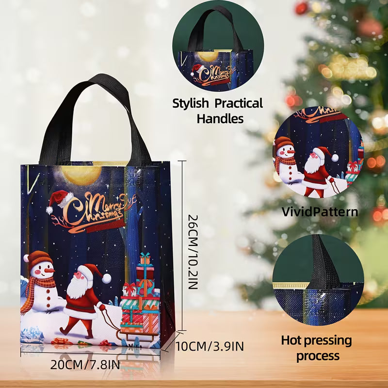 A Christmas-themed reusable tote bag with black handles, shown on a tabletop with dimension callouts (20cm wide by 26cm tall) and three circular inset close-ups highlighting the handles, vivid pattern, and hot pressing finish. The bag features a Santa Claus and snowman design on a dark blue night sky background.