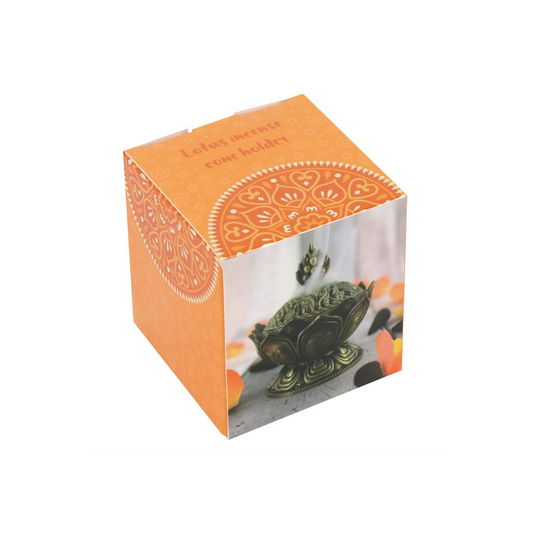 Orange incense cone holder gift box with lotus design and window showing the holder
