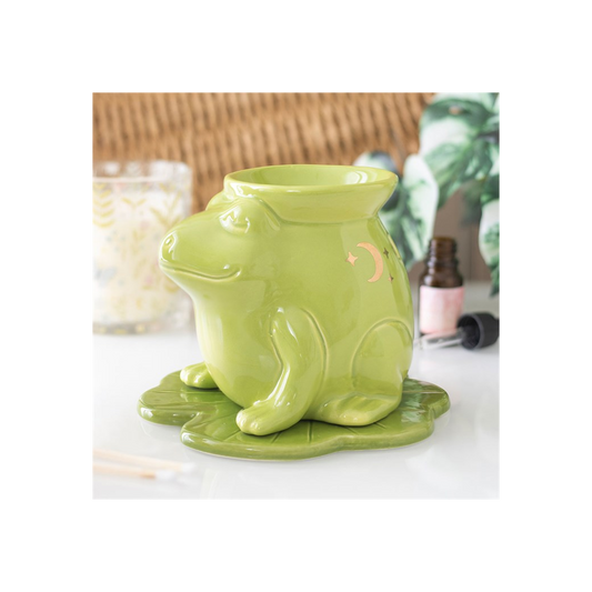 Lime green frog-shaped oil burner with flat base tray and open top