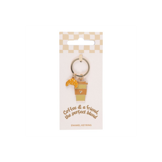 Coffee-themed enamel keyring on card backing, featuring coffee cup and fork charms