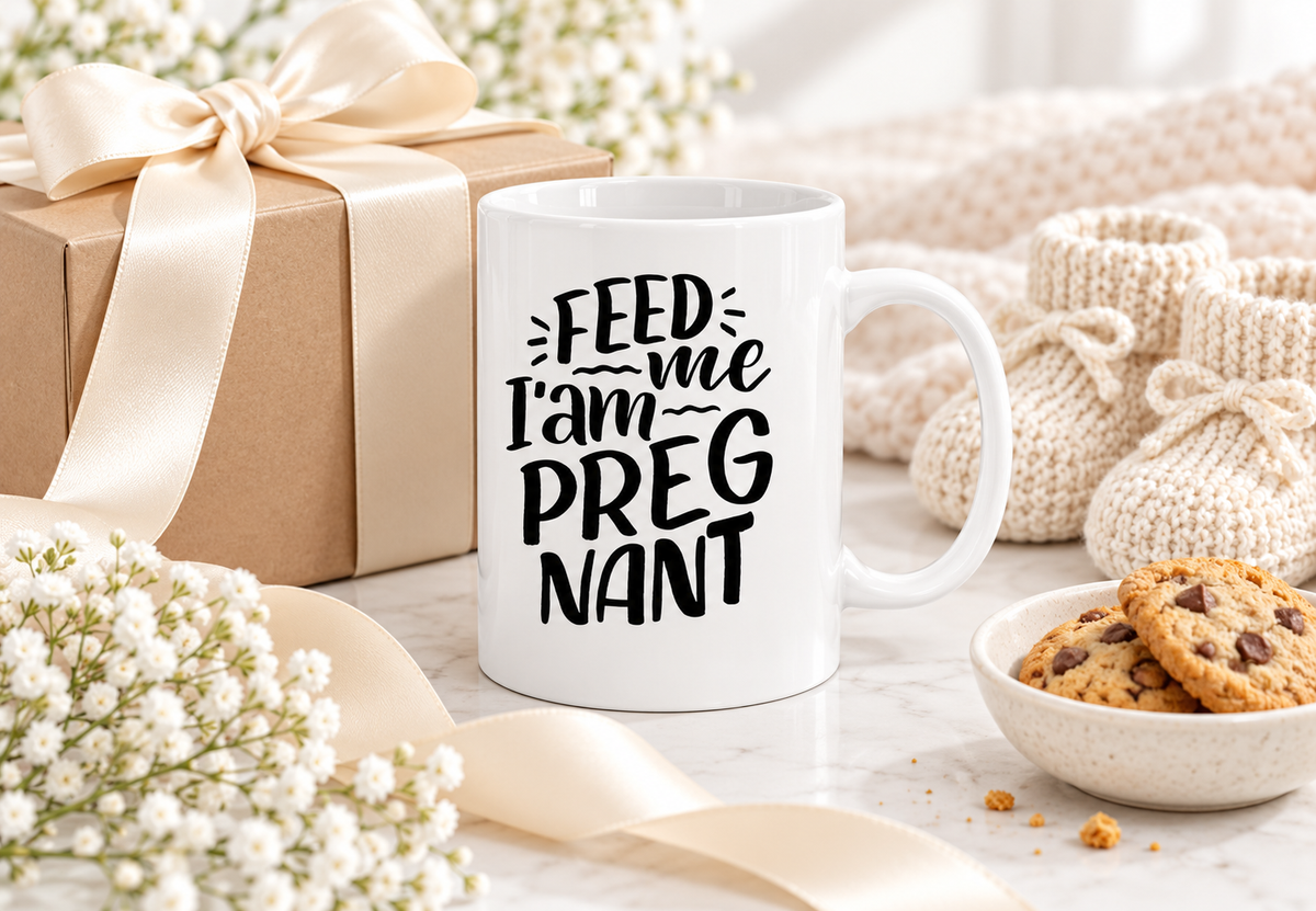 White ceramic mug with black 'FEED ME I AM PREGNANT' text and curved handle
