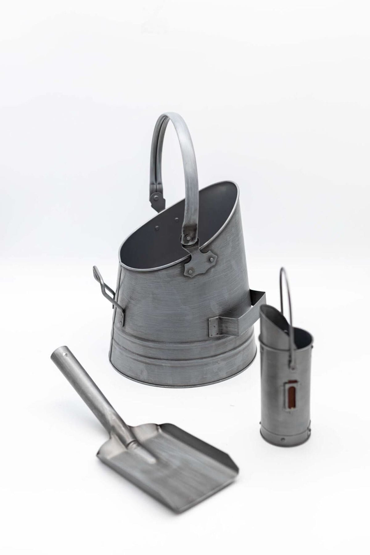 Silver Fireside Coal Bucket Shovel & Match Canister 3pc Set