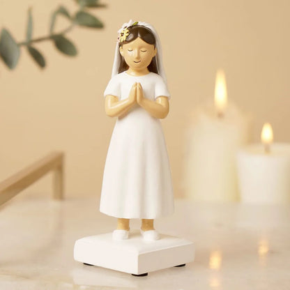 Communion girl figurine, veil and floral headband, clasped hands, white dress on pedestal base