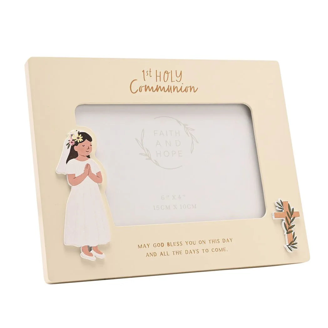 First Holy Communion photo frame, praying girl and floral side embellishment on edge