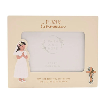 First Holy Communion photo frame showing arched “Faith and Hope” print behind window