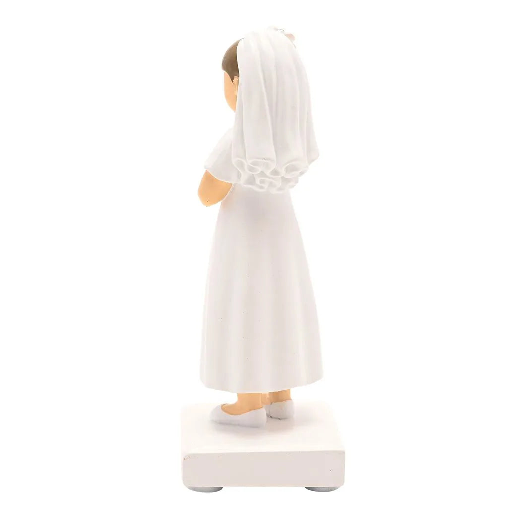 Back view communion girl figurine, long white dress with lace detail, floral headpiece