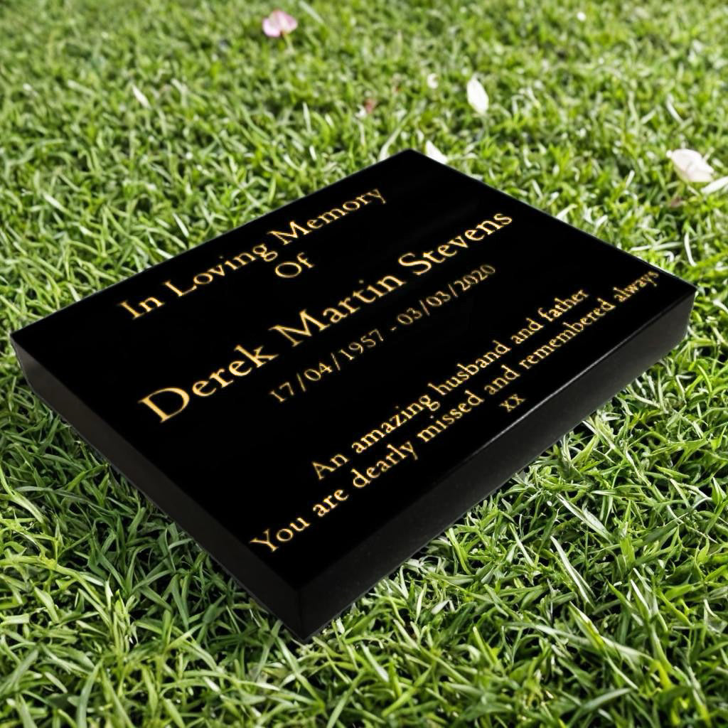 Granite Memorial Tablet – Polished Black Stone – Free Personalised Gold Engraving