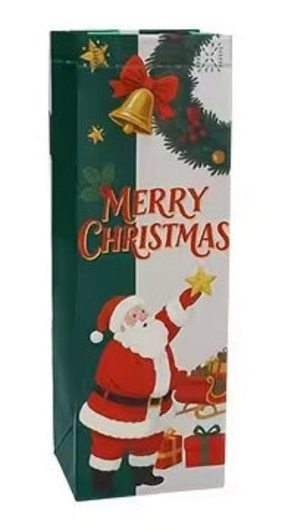A Christmas-themed gift bag or packaging sleeve with a festive green and white design, featuring Santa Claus, a bell, ornaments, and the words 'MERRY CHRISTMAS' in red lettering.