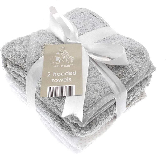 Elli & Raff 2-pack baby hooded towels, grey terry with white trim, ribbon-tagged