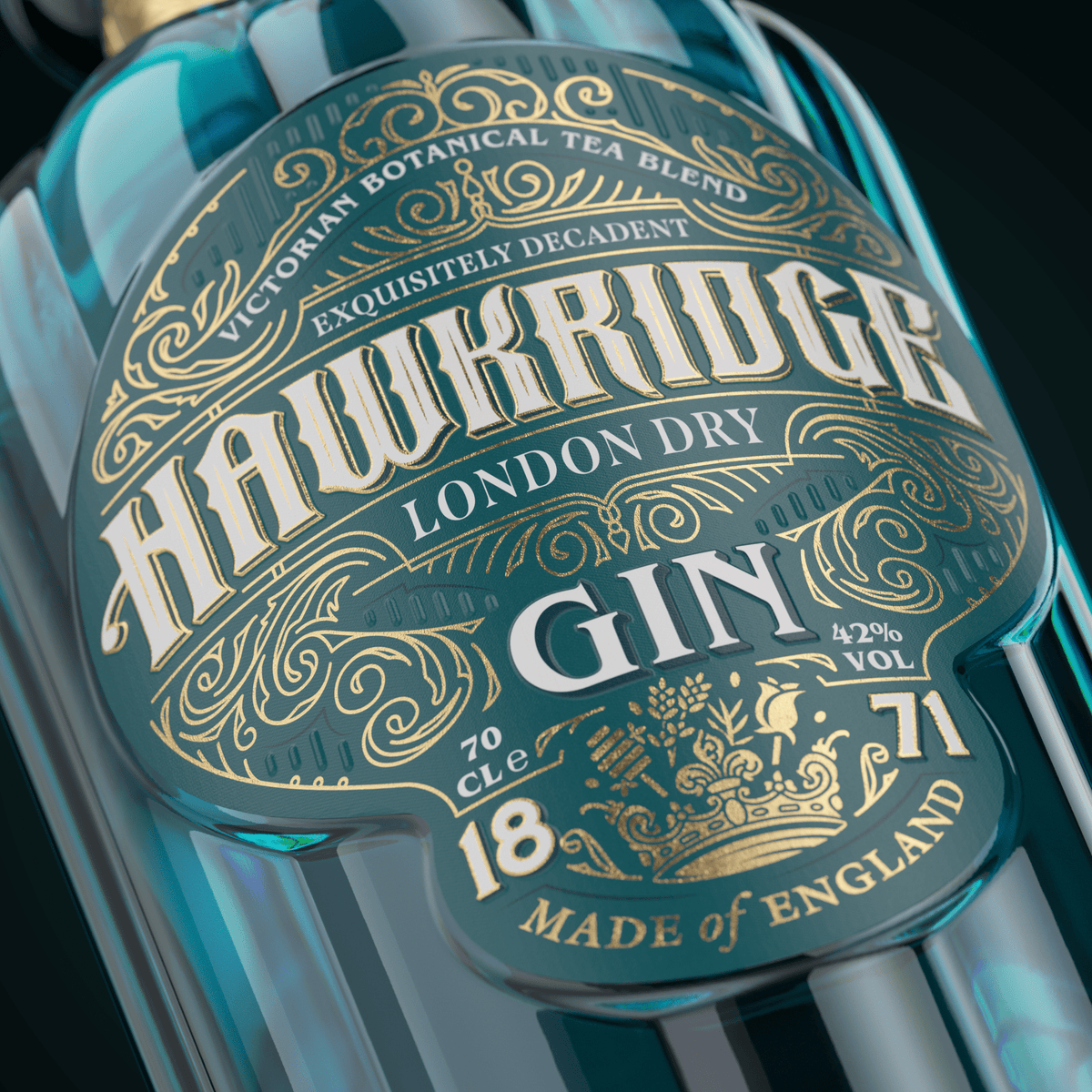 Close-up of Hawkridge London dry gin label on teal bottle, 42% vol
