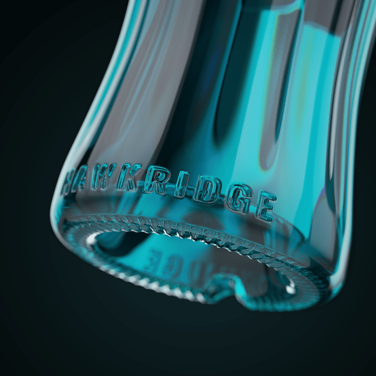 Teal glass bottle base with embossed text and decorative rim detailing