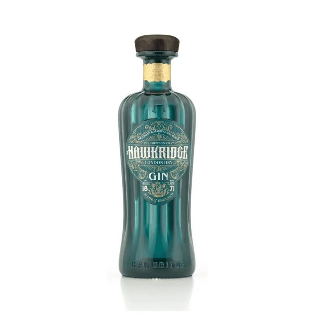 Teal London dry gin bottle with gold “Hawkridge” label and dark bottle cap