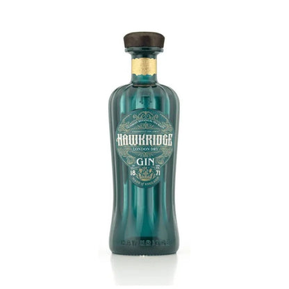 Teal London dry gin bottle with gold “Hawkridge” label and dark bottle cap