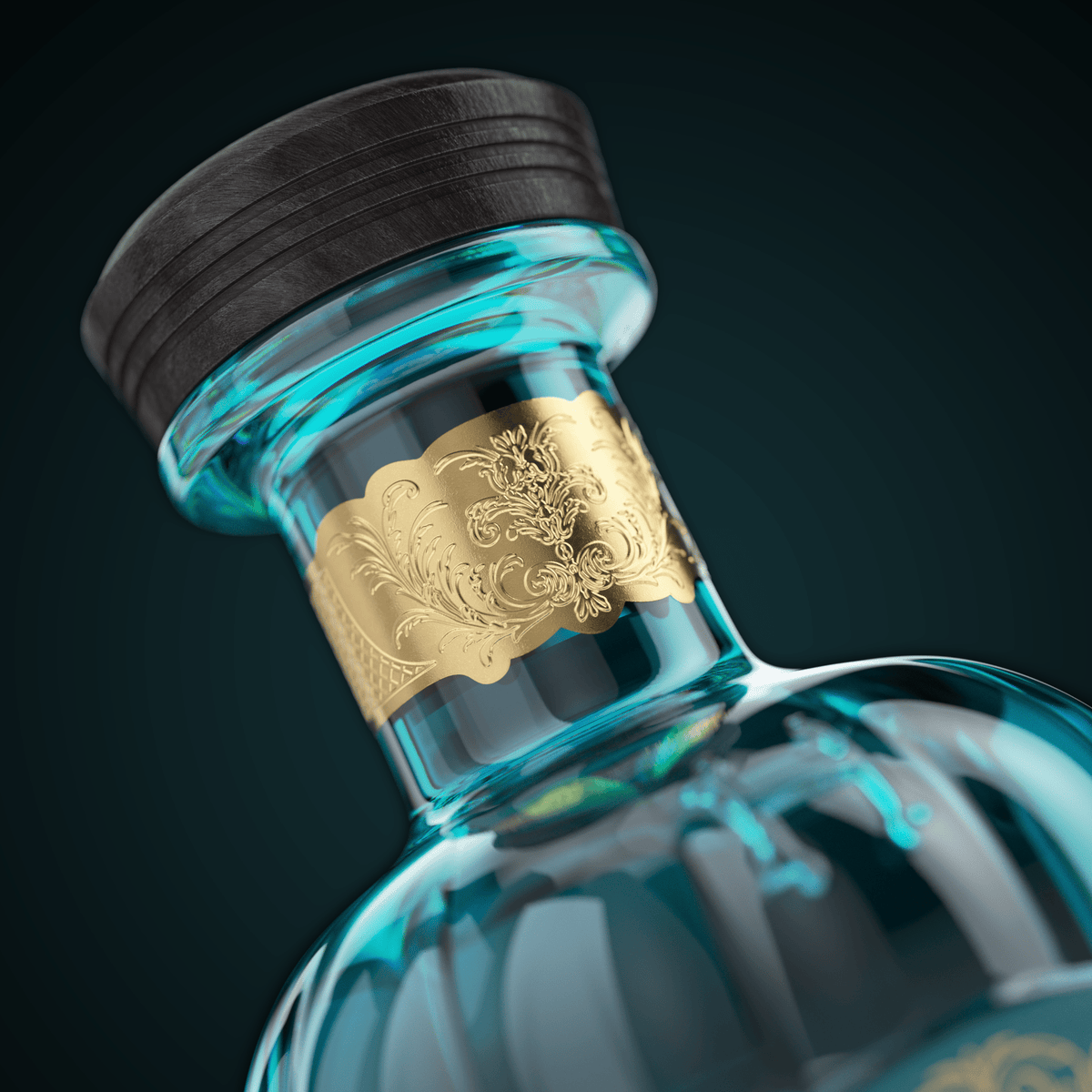 Teal glass gin bottle with dark cap and embossed gold neck label