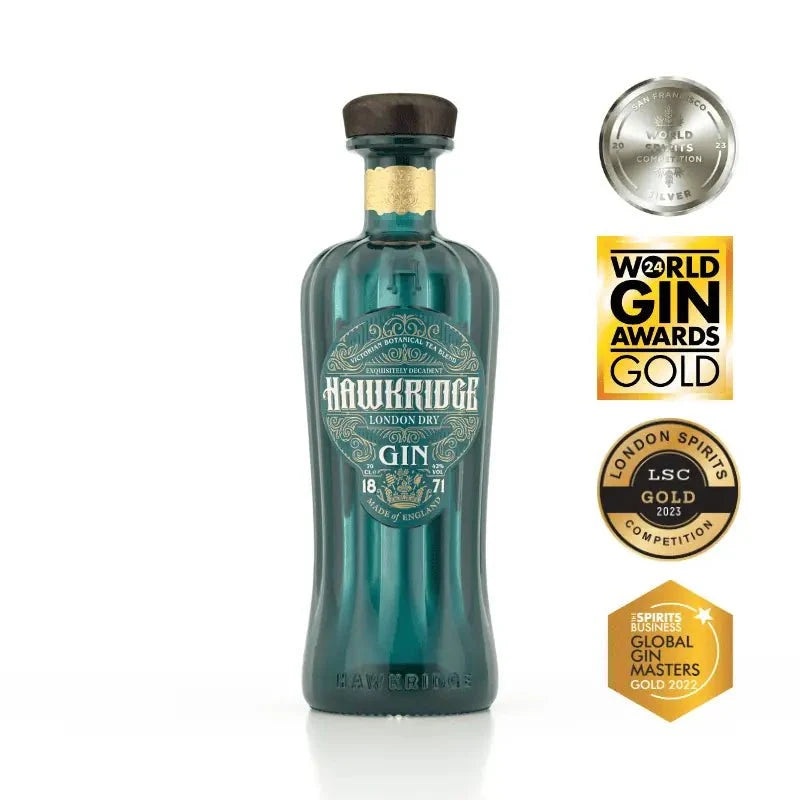 Hawkridge London dry gin bottle with three gold award badges