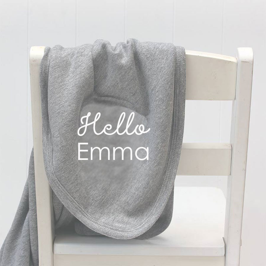 'Hello Baby' Grey Pram Blanket - Personalised