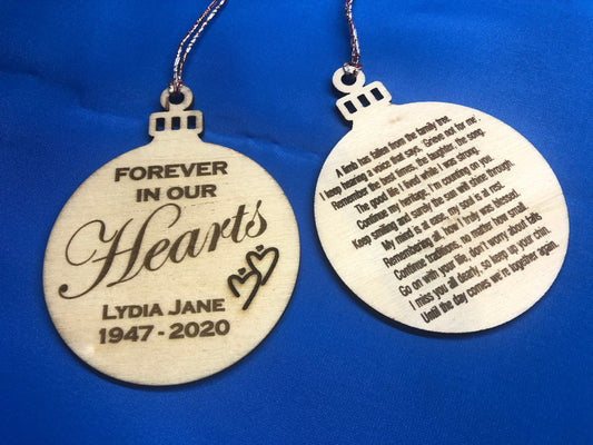 Forever in our Hearts Personalised Memorial Engraved Wooden Bauble Tree Decoration