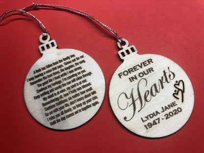 Forever in our Hearts Personalised Memorial Engraved Wooden Bauble Tree Decoration