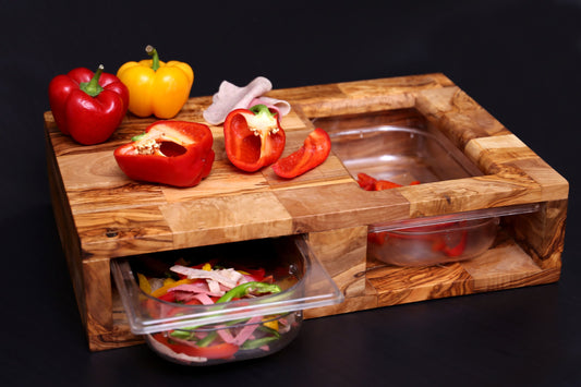 Olive Wood End Grain Cutting Board With 2 Containers
