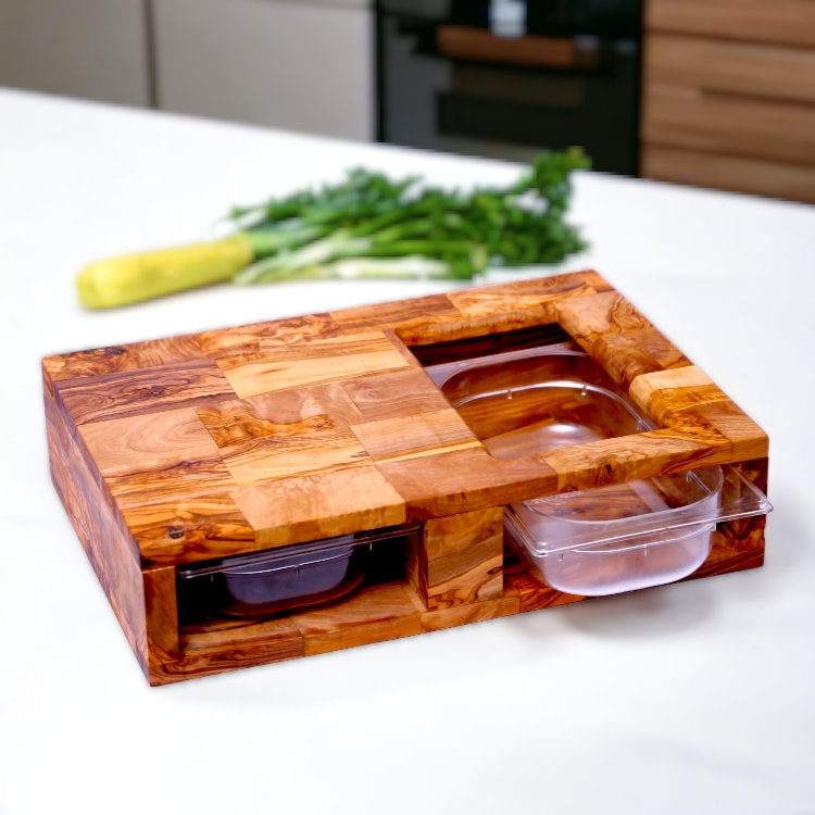Olive Wood End Grain Cutting Board With 2 Containers