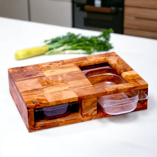 Olive Wood End Grain Cutting Board With 2 Containers