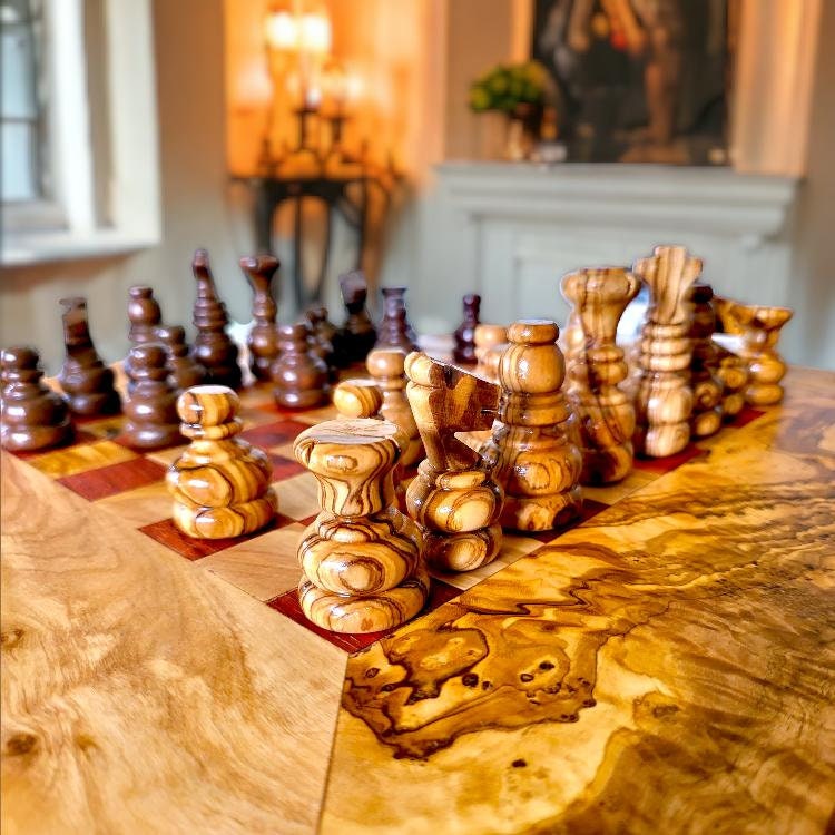 Olive Wood Handcrafted Rustic Shaped Wooden Chess Board Set With Pieces