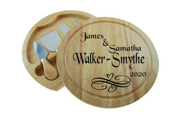 Personalised Round Cheese Board & 4 Piece Knife Serving Set