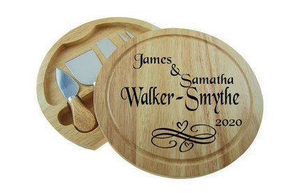 Personalised Round Cheese Board & 4 Piece Knife Serving Set