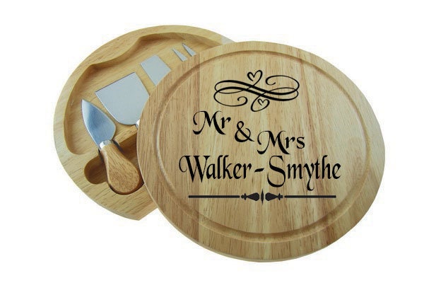Personalised Round Cheese Board & 4 Piece Knife Serving Set