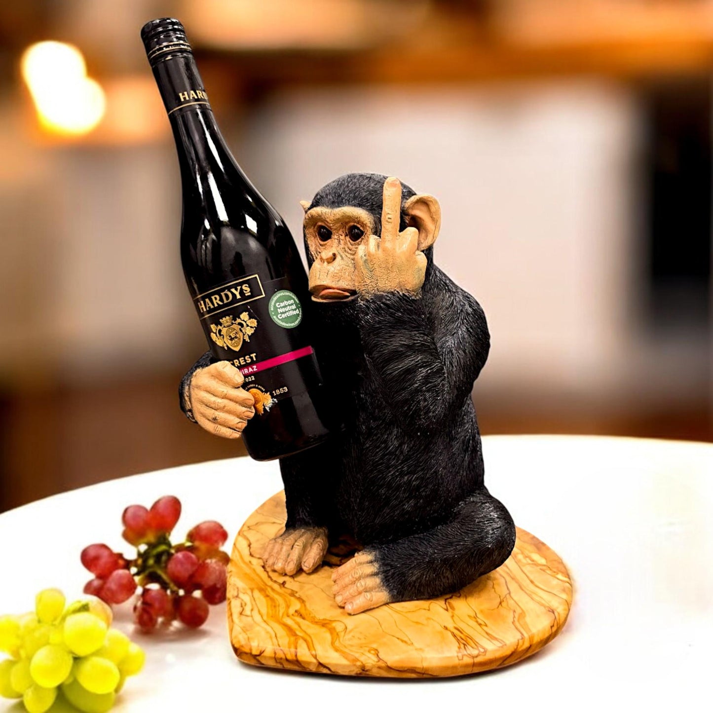 Black Up Yours Monkey Wine Bottle Holder with Heart Shaped Olive Wood Board