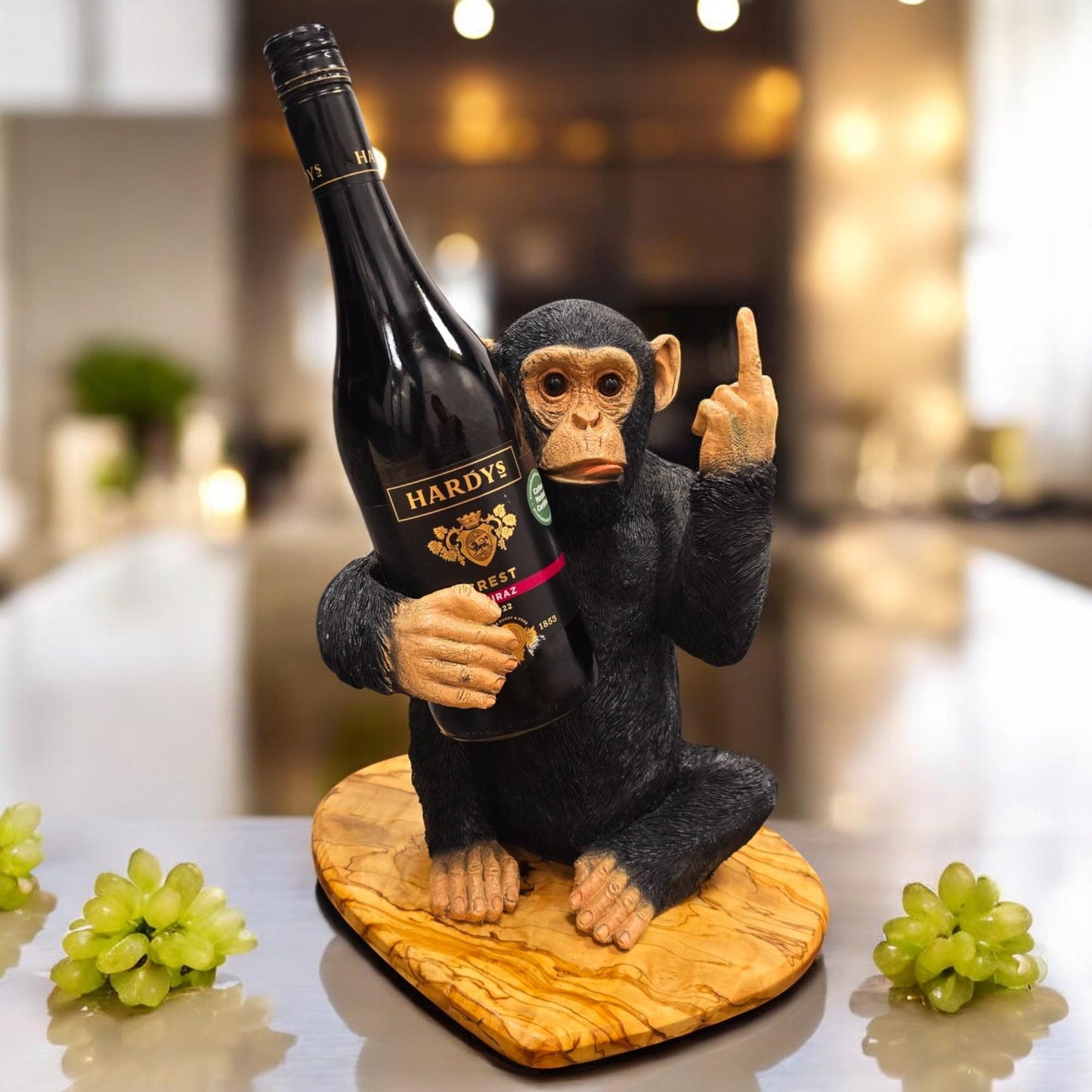 Black Up Yours Monkey Wine Bottle Holder with Heart Shaped Olive Wood Board