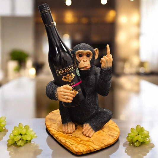 Black Up Yours Monkey Wine Bottle Holder with Heart Shaped Olive Wood Board