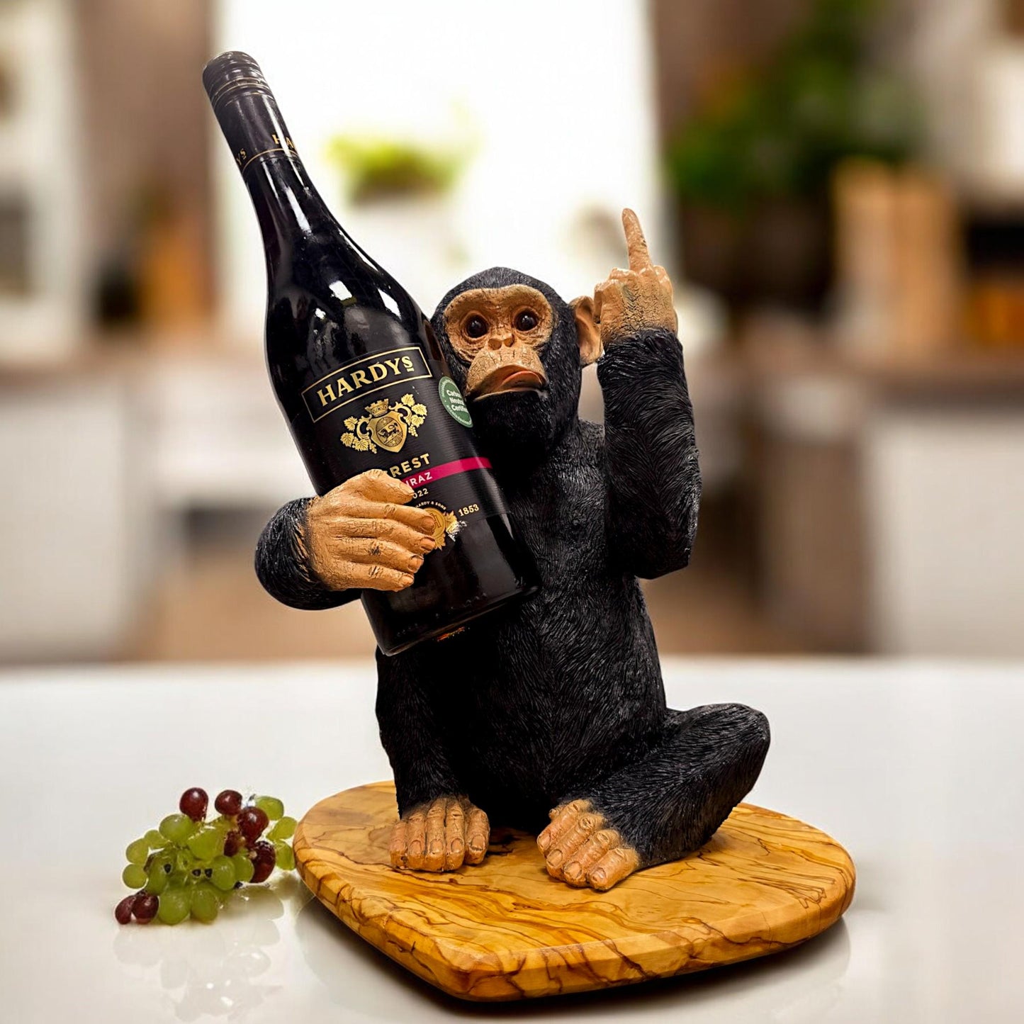 Black Up Yours Monkey Wine Bottle Holder with Heart Shaped Olive Wood Board