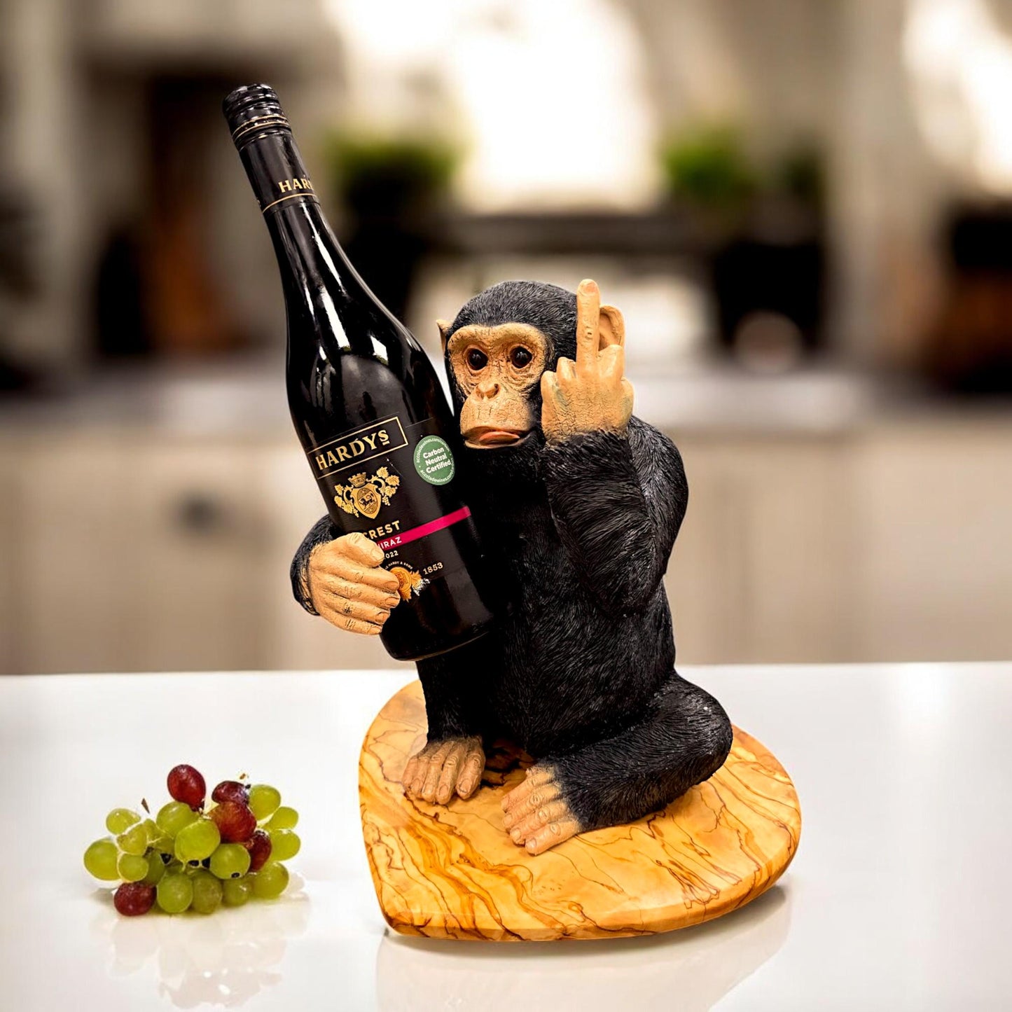 Black Up Yours Monkey Wine Bottle Holder with Heart Shaped Olive Wood Board