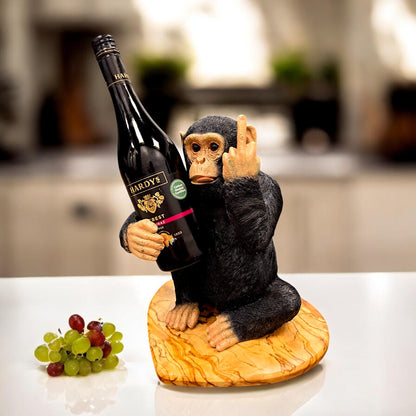 Black Up Yours Monkey Wine Bottle Holder with Heart Shaped Olive Wood Board