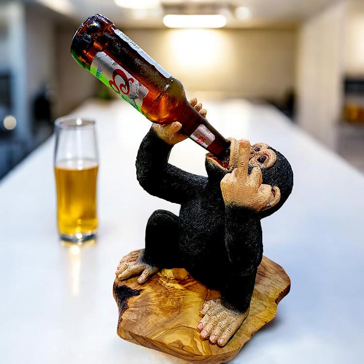 Black Up Yours Monkey Wine Bottle Holder with Heart Shaped Olive Wood Board