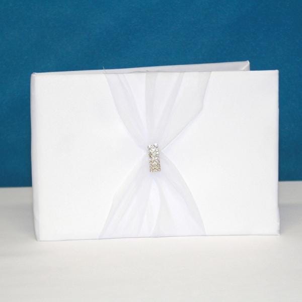 Personalised Satin Wedding Guest Book With Organza Sash & Rhinestone Embellishment - Ivory Or White