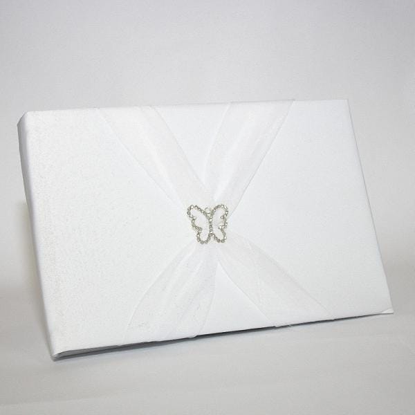 Personalised Satin Wedding Guest Book With Organza Sash & Rhinestone Embellishment - Ivory Or White