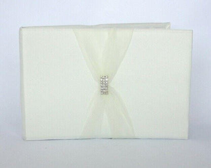 Personalised Satin Wedding Guest Book With Organza Sash & Rhinestone Embellishment - Ivory Or White