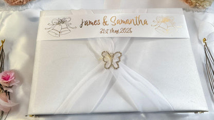 Personalised Satin Wedding Guest Book With Organza Sash & Rhinestone Embellishment - Ivory Or White
