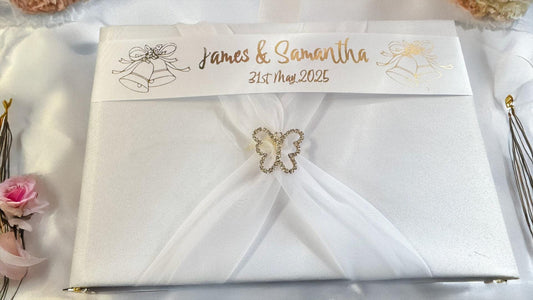 Personalised Satin Wedding Guest Book With Organza Sash & Rhinestone Embellishment - Ivory Or White