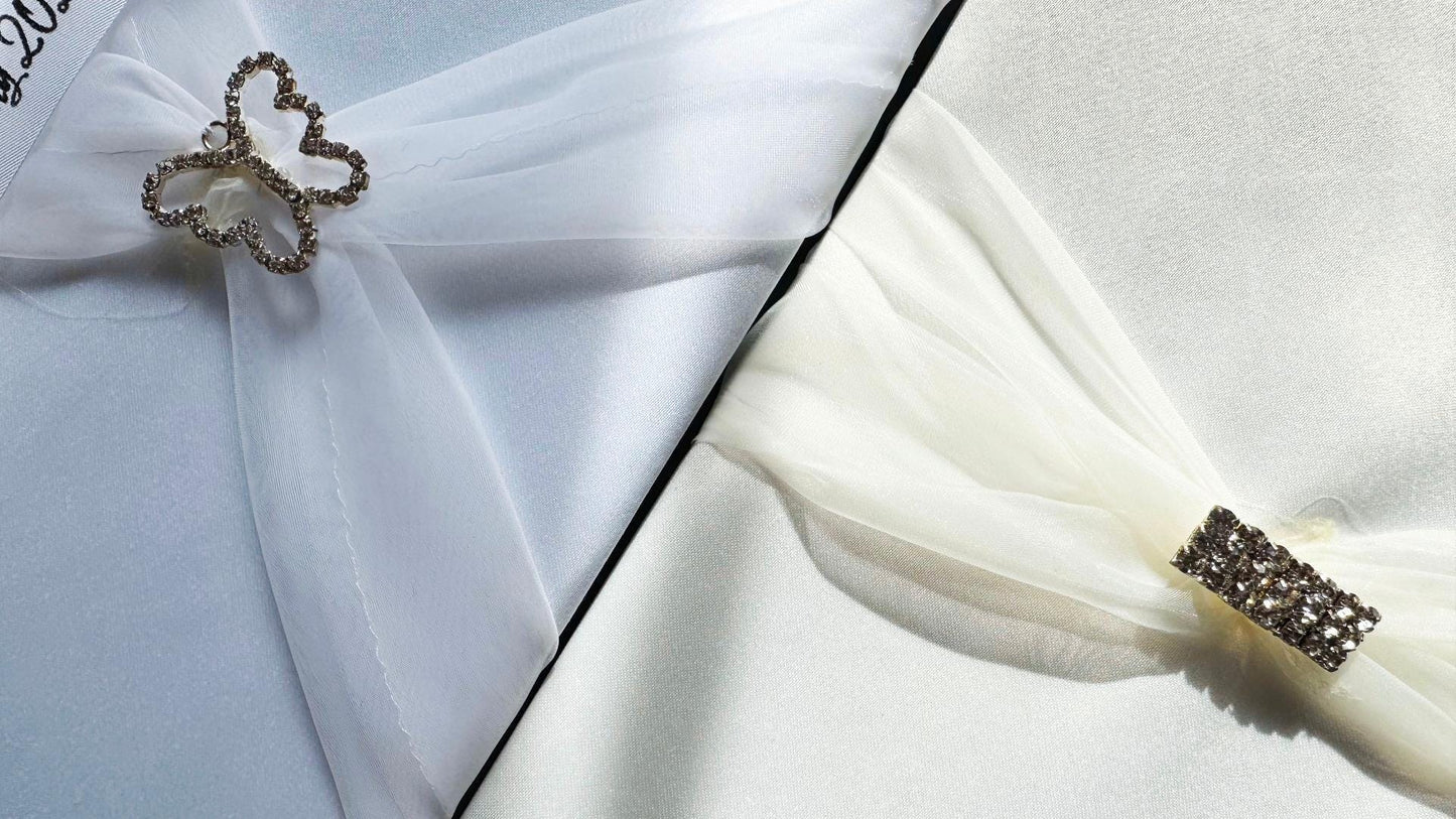 Personalised Satin Wedding Guest Book With Organza Sash & Rhinestone Embellishment - Ivory Or White