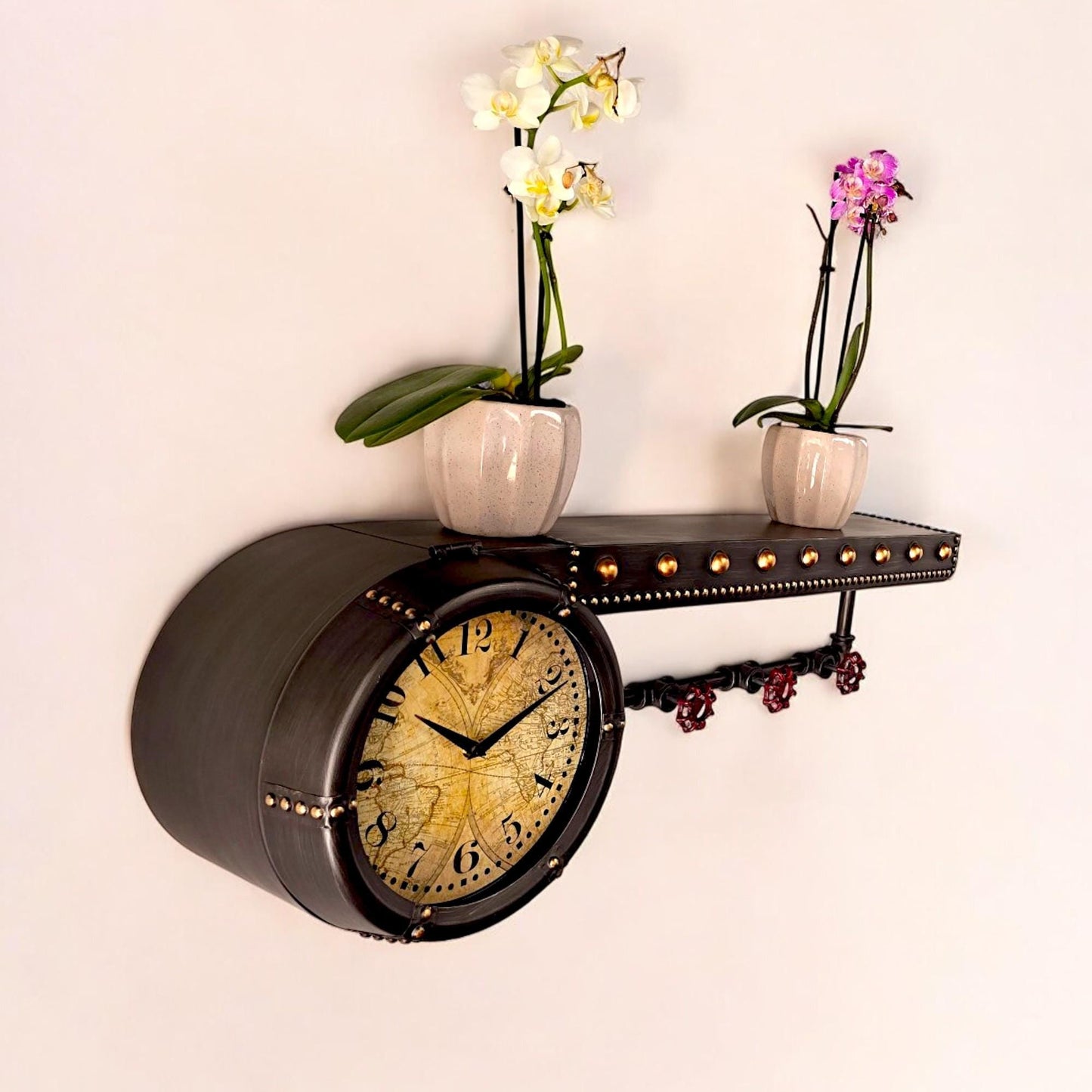 Beautiful shelf with clock and hooks