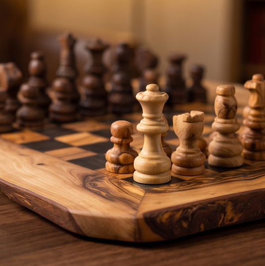 Olive Wood Handcrafted Rustic Shaped Wooden Chess Board Set With Pieces