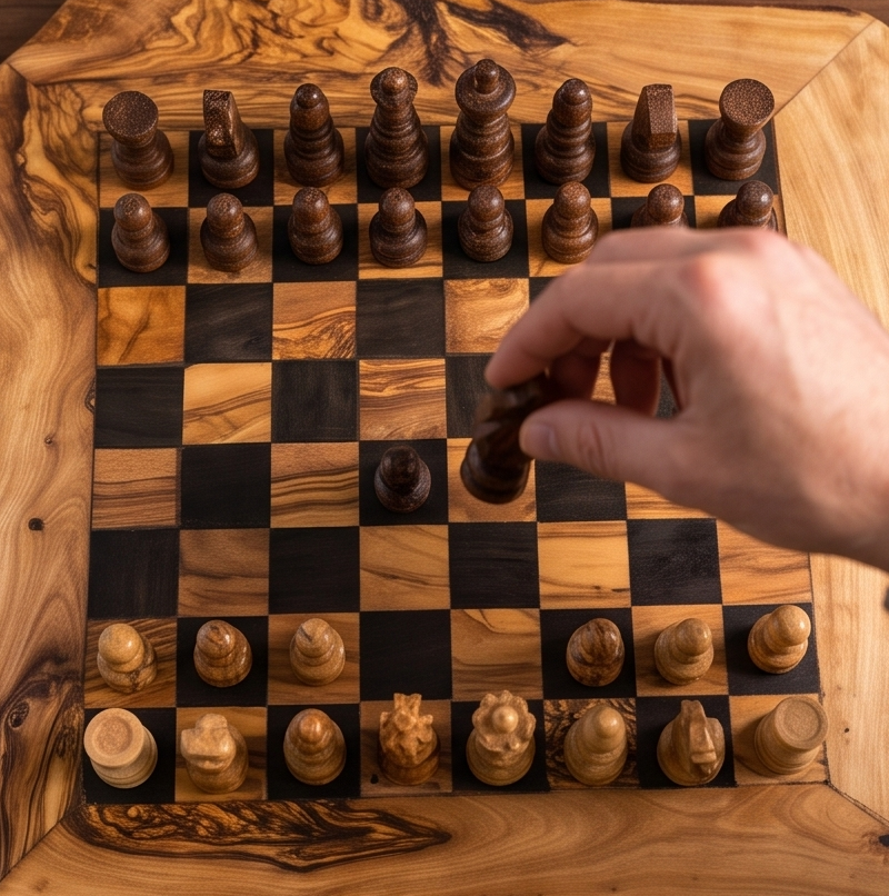 Olive Wood Handcrafted Rustic Shaped Wooden Chess Board Set With Pieces