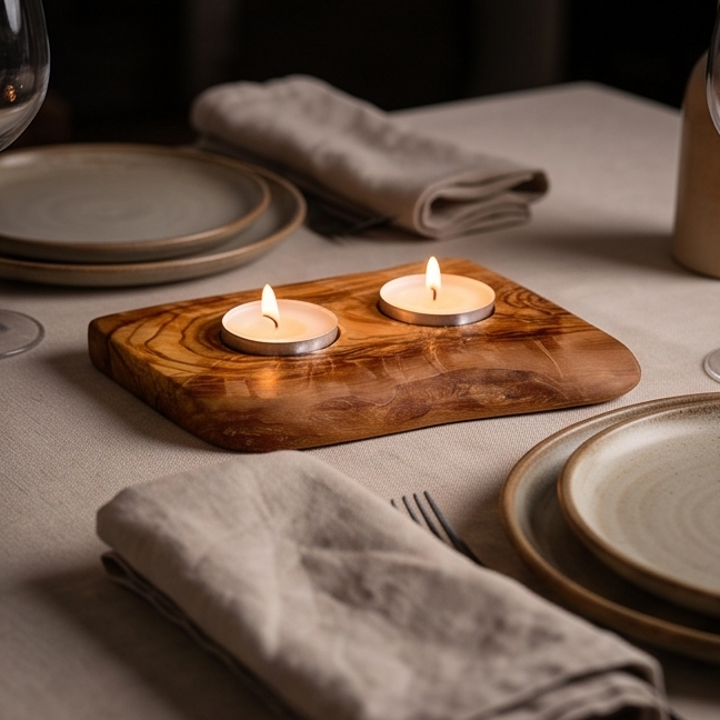 Olive Wood Flat Wooden Tealight Candle Holder - Various Sizes