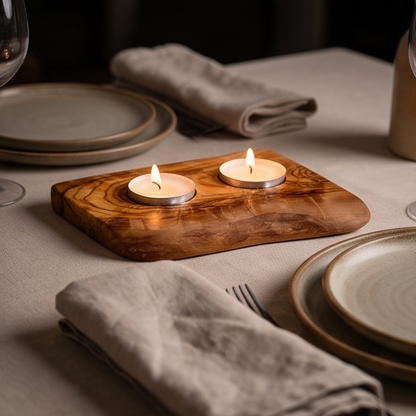 Olive Wood Flat Wooden Tealight Candle Holder - Various Sizes